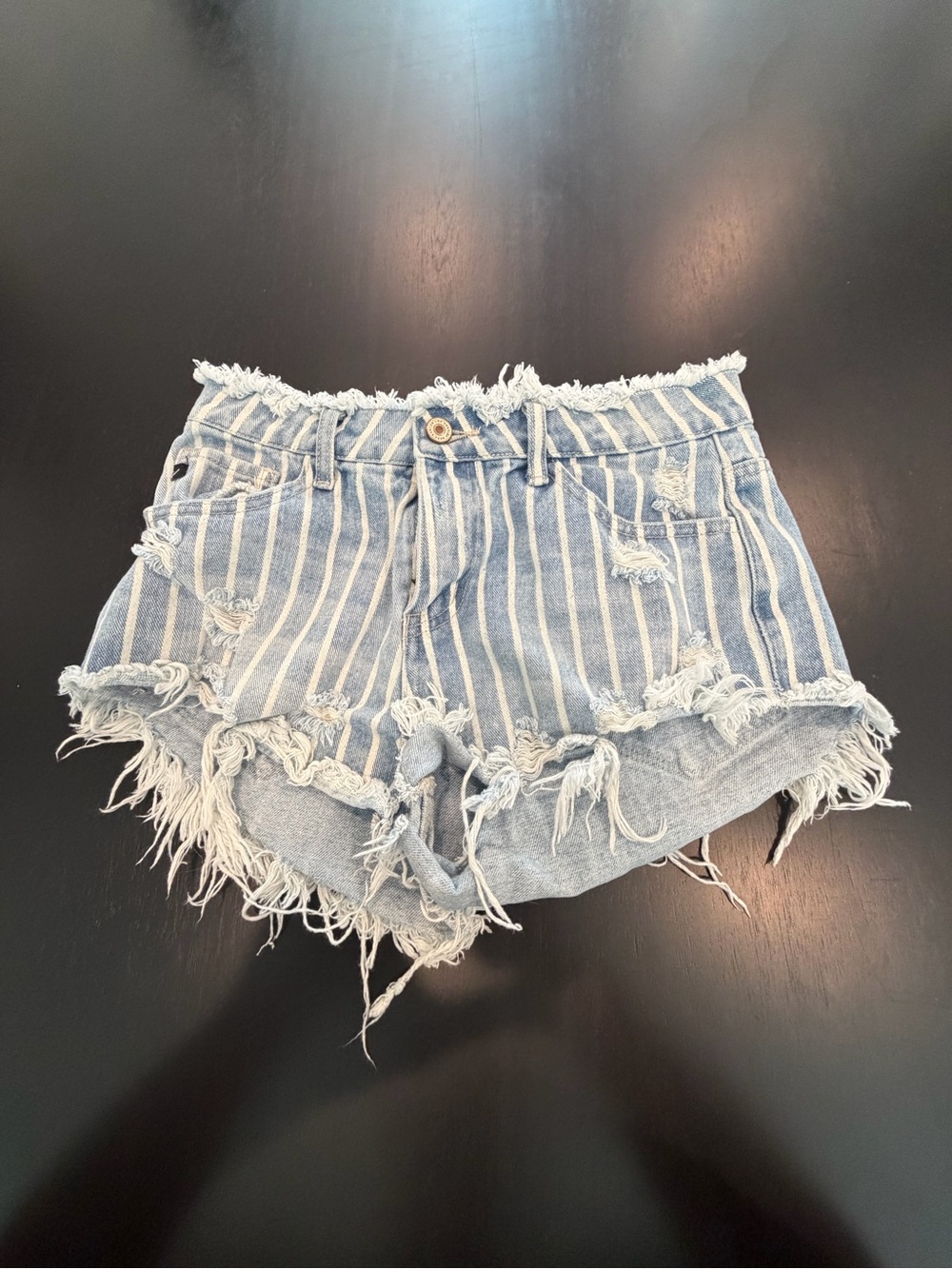 KanCan Light Blue Striped Distressed Denim Shorts
